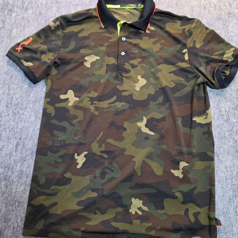 RLX Ralph Lauren Mens Camo Performance Polo Shirt Green Orange Large